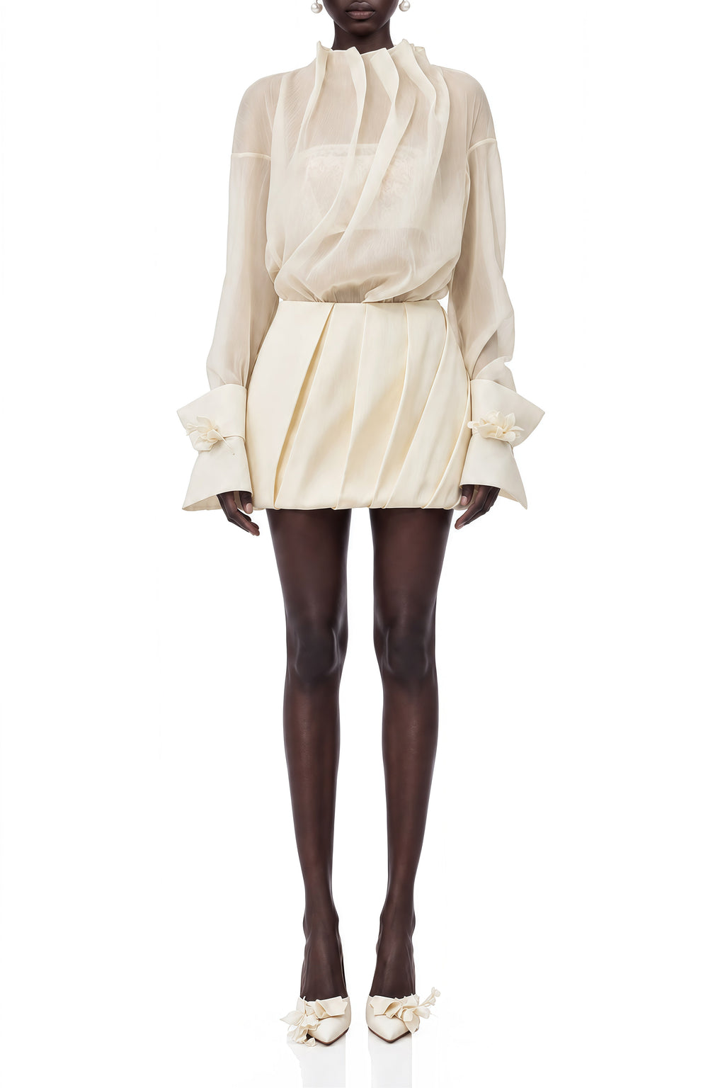 Grace Neutral Turtleneck Draped Blouse and Skirt Set