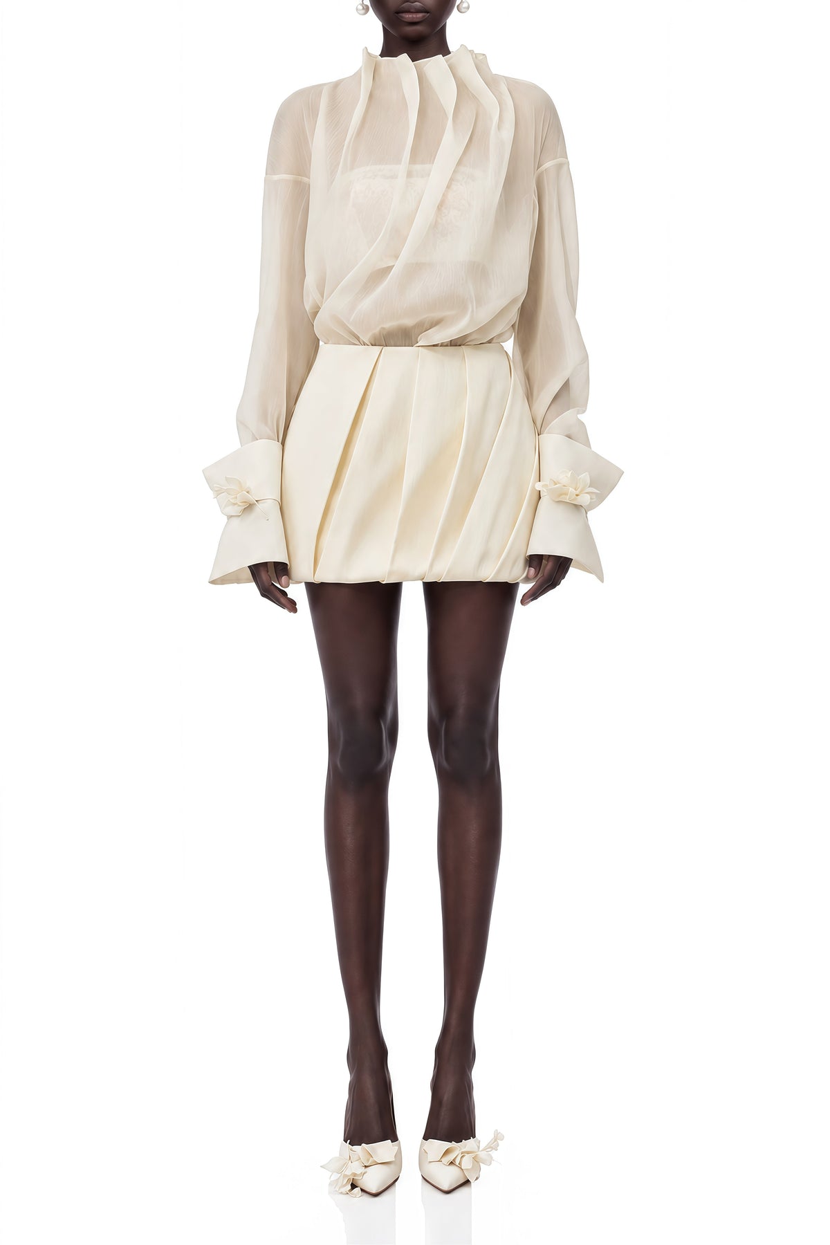 Grace Neutral Turtleneck Draped Blouse and Skirt Set