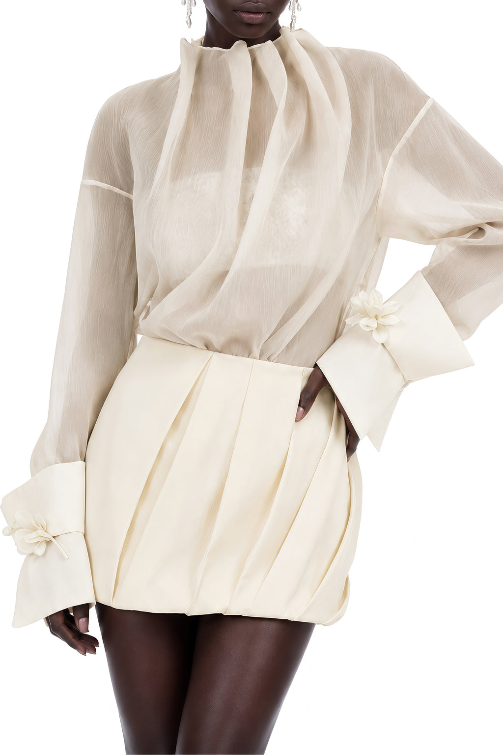 Grace Neutral Turtleneck Draped Blouse and Skirt Set
