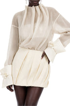 Grace Neutral Turtleneck Draped Blouse and Skirt Set