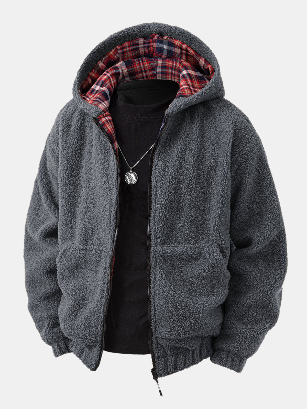 Kontrast Ruitjes Teddy Kapuzenpullover mit Reißverschluss