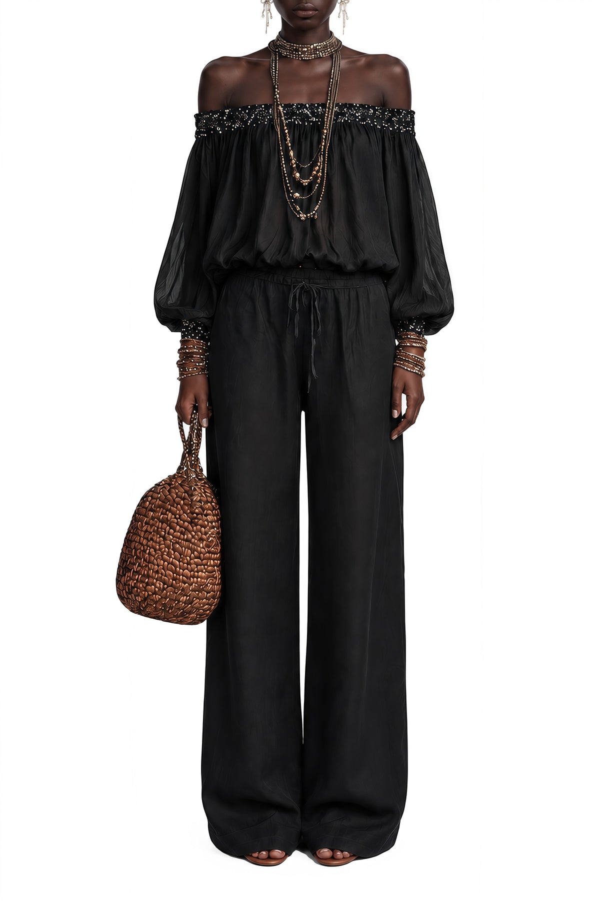Ember Black Off-Shoulder Ruffled Blouse & Pants Set