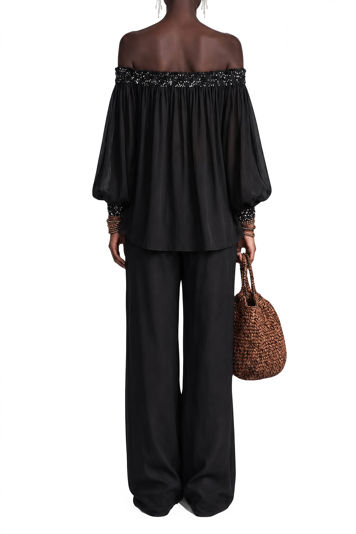 Ember Black Off-Shoulder Ruffled Blouse & Pants Set