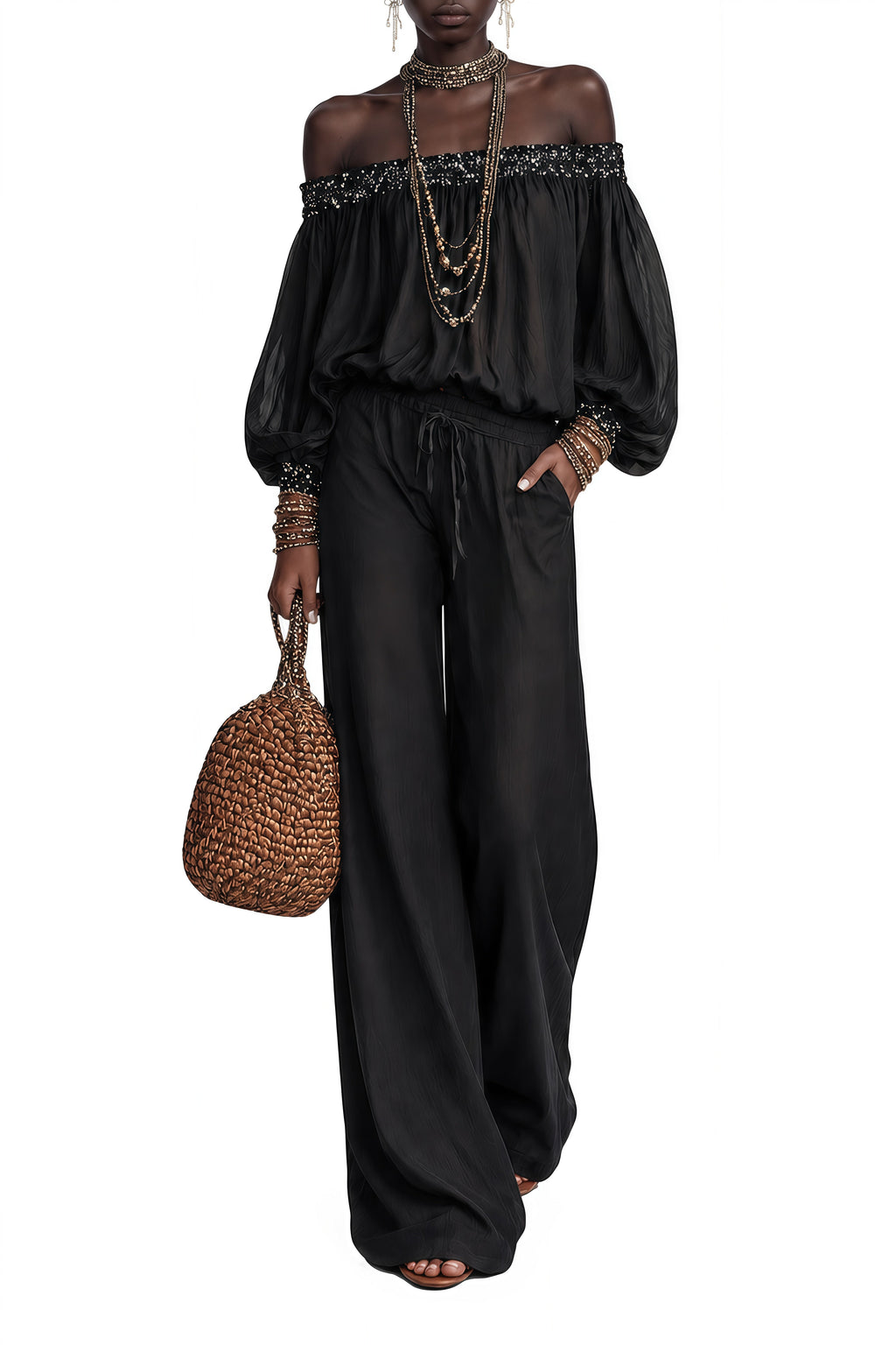 Ember Black Off-Shoulder Ruffled Blouse & Pants Set