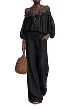 Ember Black Off-Shoulder Ruffled Blouse & Pants Set