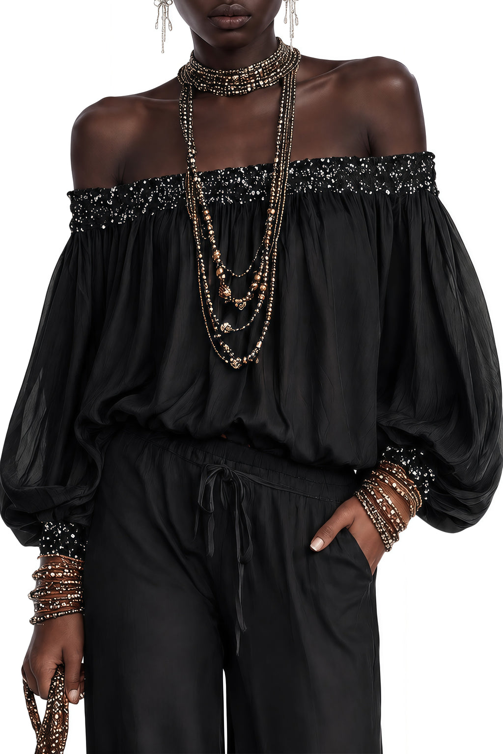 Ember Black Off-Shoulder Ruffled Blouse & Pants Set