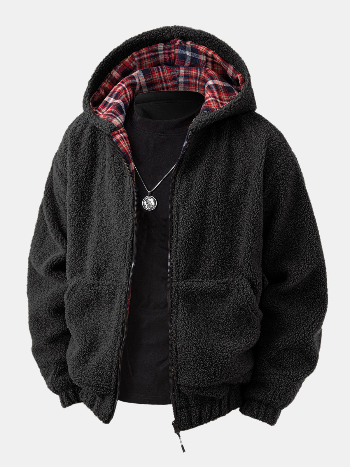 Kontrast Ruitjes Teddy Kapuzenpullover mit Reißverschluss
