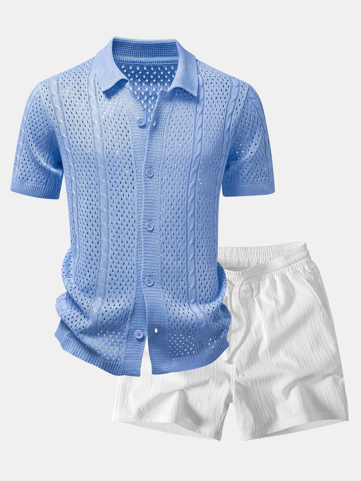 Offenes Strickshirt & Kurze Hose mit Kräuselstruktur und 5-Zoll-Kordelzug