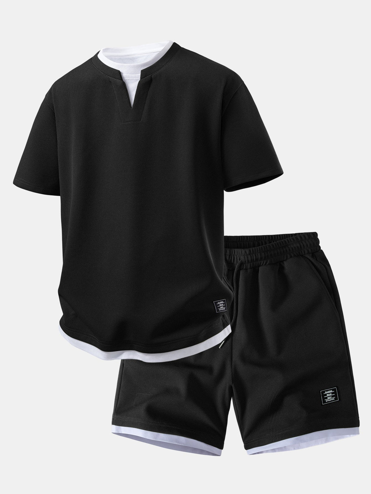 2-in-1 Waffle T-Shirt mit Kragen und 7-Zoll Shorts Set