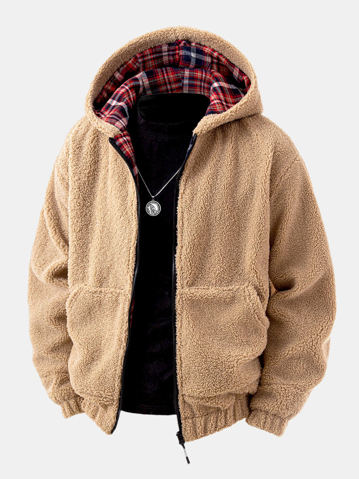 Kontrast Ruitjes Teddy Kapuzenpullover mit Reißverschluss