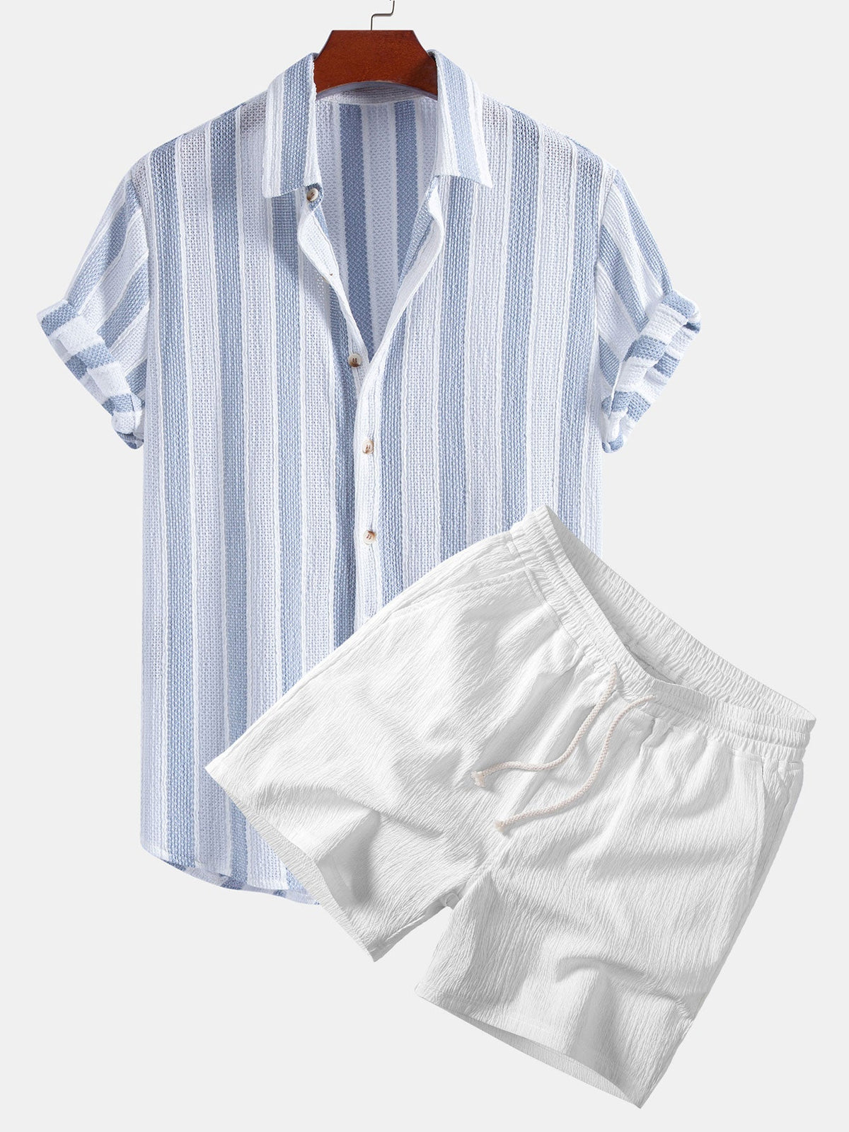 Gestreiftes Hemd mit Textur und Knöpfen sowie Kurzshorts mit Kordelzug – 5"