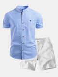 Kurzarm Baumwollhemd mit Streifen, Stehkragen und elastischer Taille – Chino Shorts