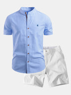 Kurzarm Baumwollhemd mit Streifen, Stehkragen und elastischer Taille – Chino Shorts
