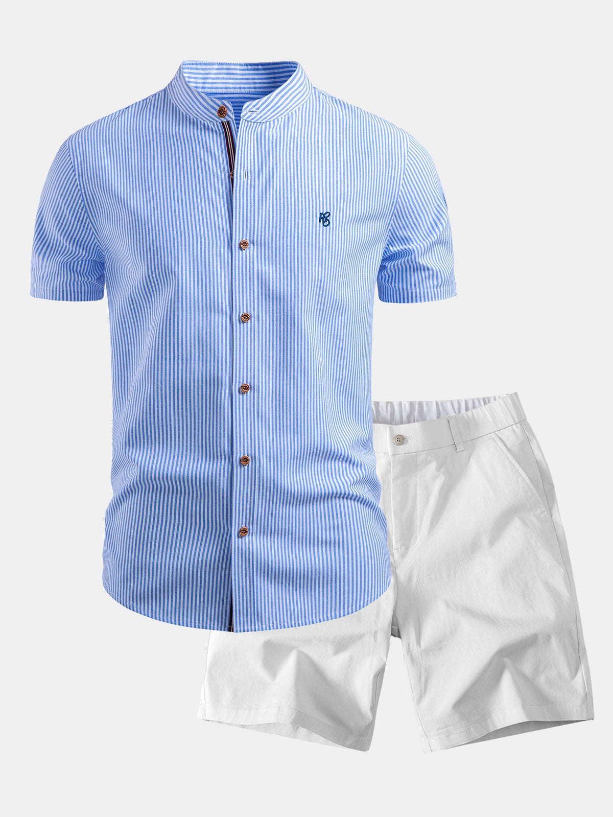 Kurzarm Baumwollhemd mit Streifen, Stehkragen und elastischer Taille – Chino Shorts