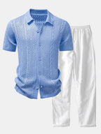 Offenes Strickhemd mit gerader Leinenhose