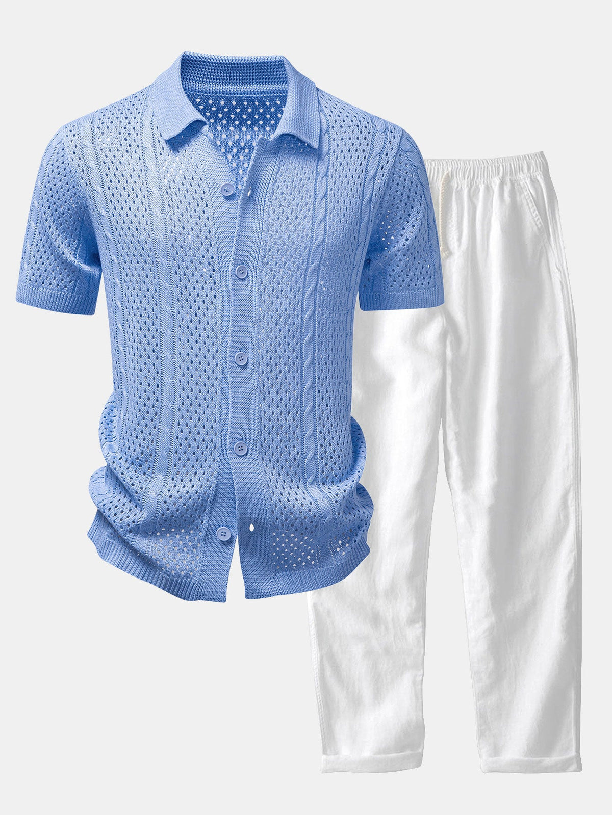 Offenes Strickhemd mit gerader Leinenhose