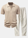 Jacquard-Design Strickhemd mit Knopfleiste & gerade Leinenhose