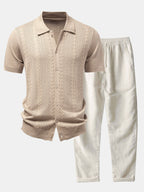 Jacquard-Design Strickhemd mit Knopfleiste & gerade Leinenhose