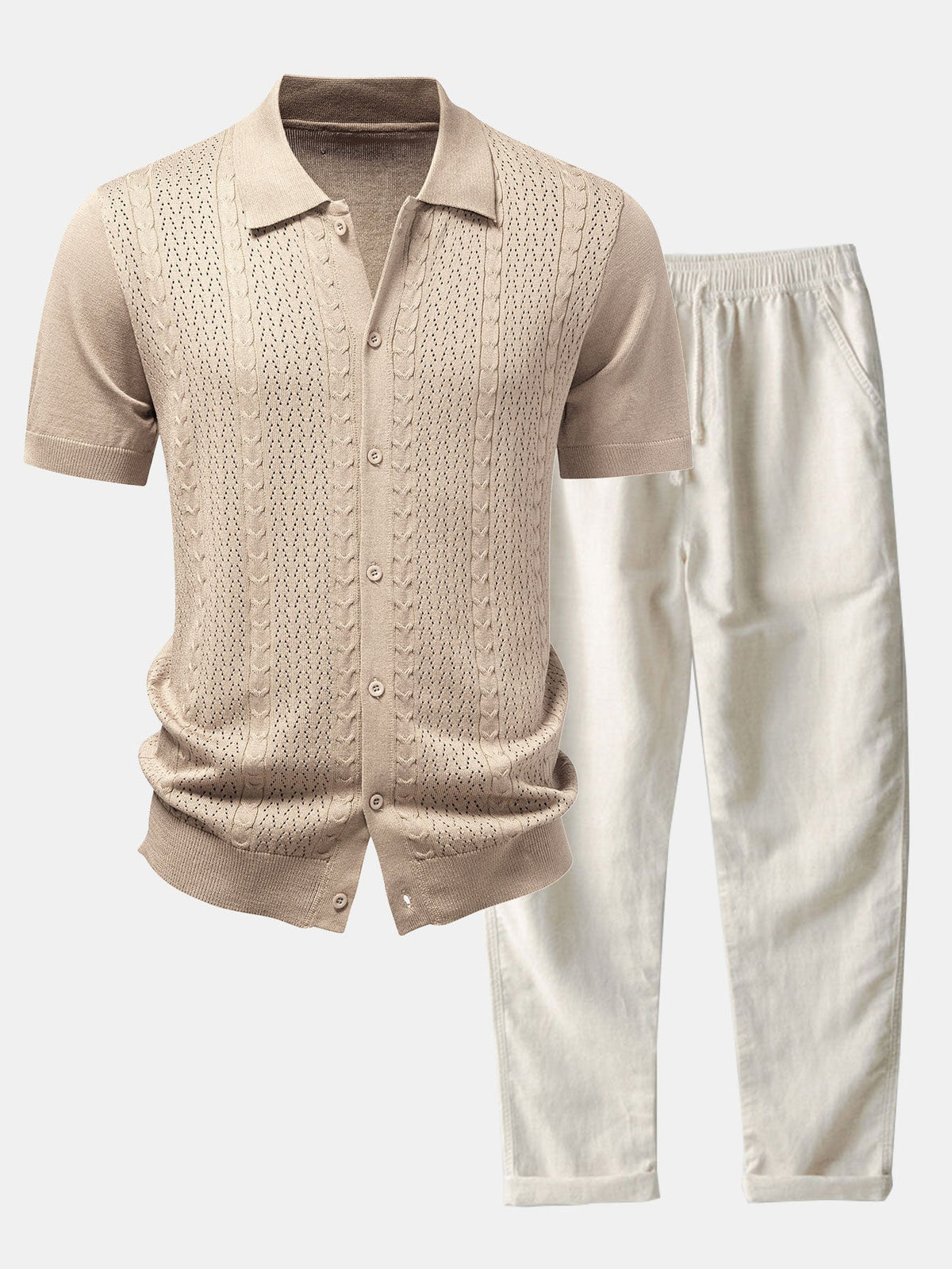 Jacquard-Design Strickhemd mit Knopfleiste & gerade Leinenhose