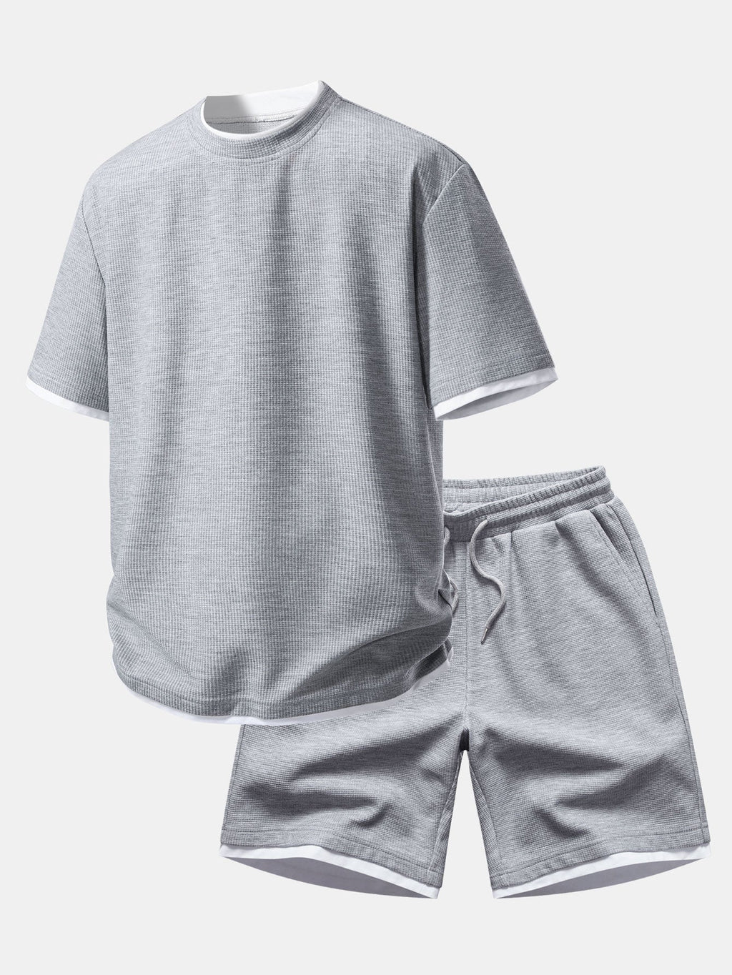 Bequemes 2-in-1 Waffel T-Shirt mit Rundhalsausschnitt und Waffel-Shorts in 7 Zoll