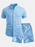 Muscle Fit Waffle-Shirt mit Stehkragen und 7-Zoll-Shorts mit Kordelzug Set