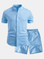 Muscle Fit Waffle-Shirt mit Stehkragen und 7-Zoll-Shorts mit Kordelzug Set