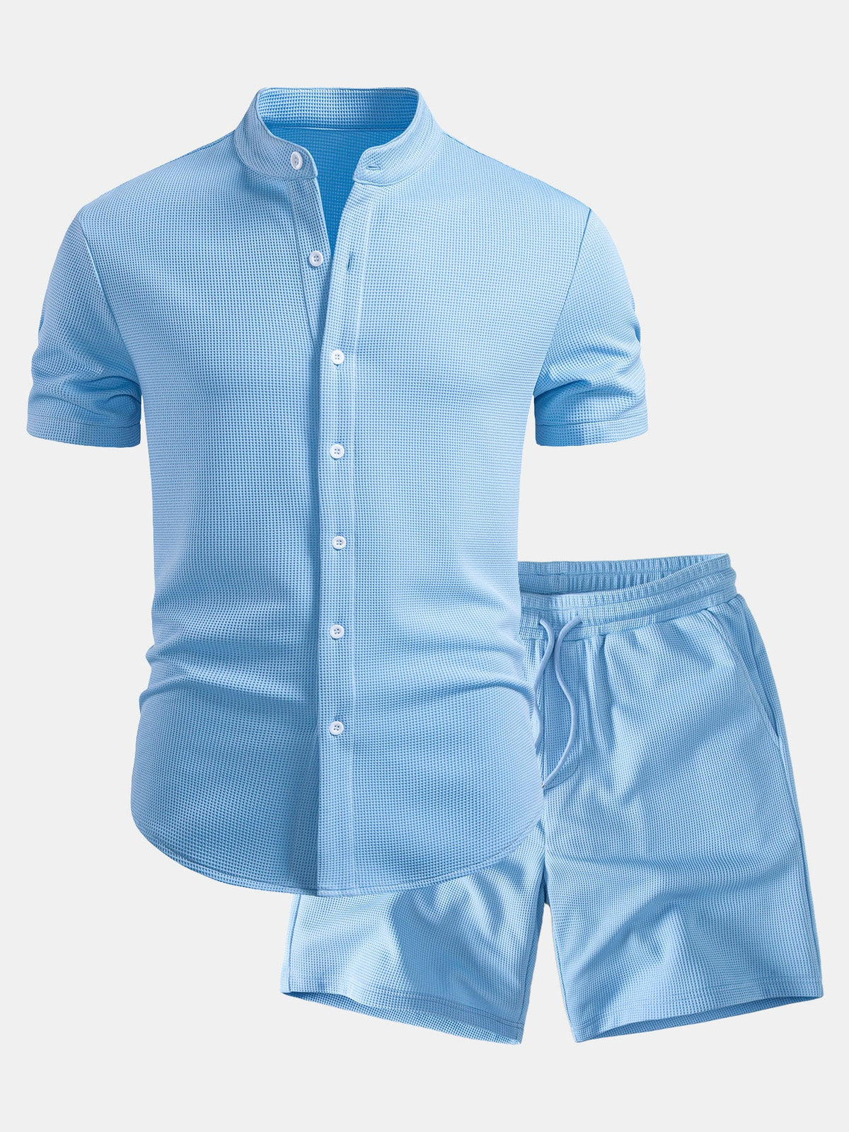 Muscle Fit Waffle-Shirt mit Stehkragen und 7-Zoll-Shorts mit Kordelzug Set