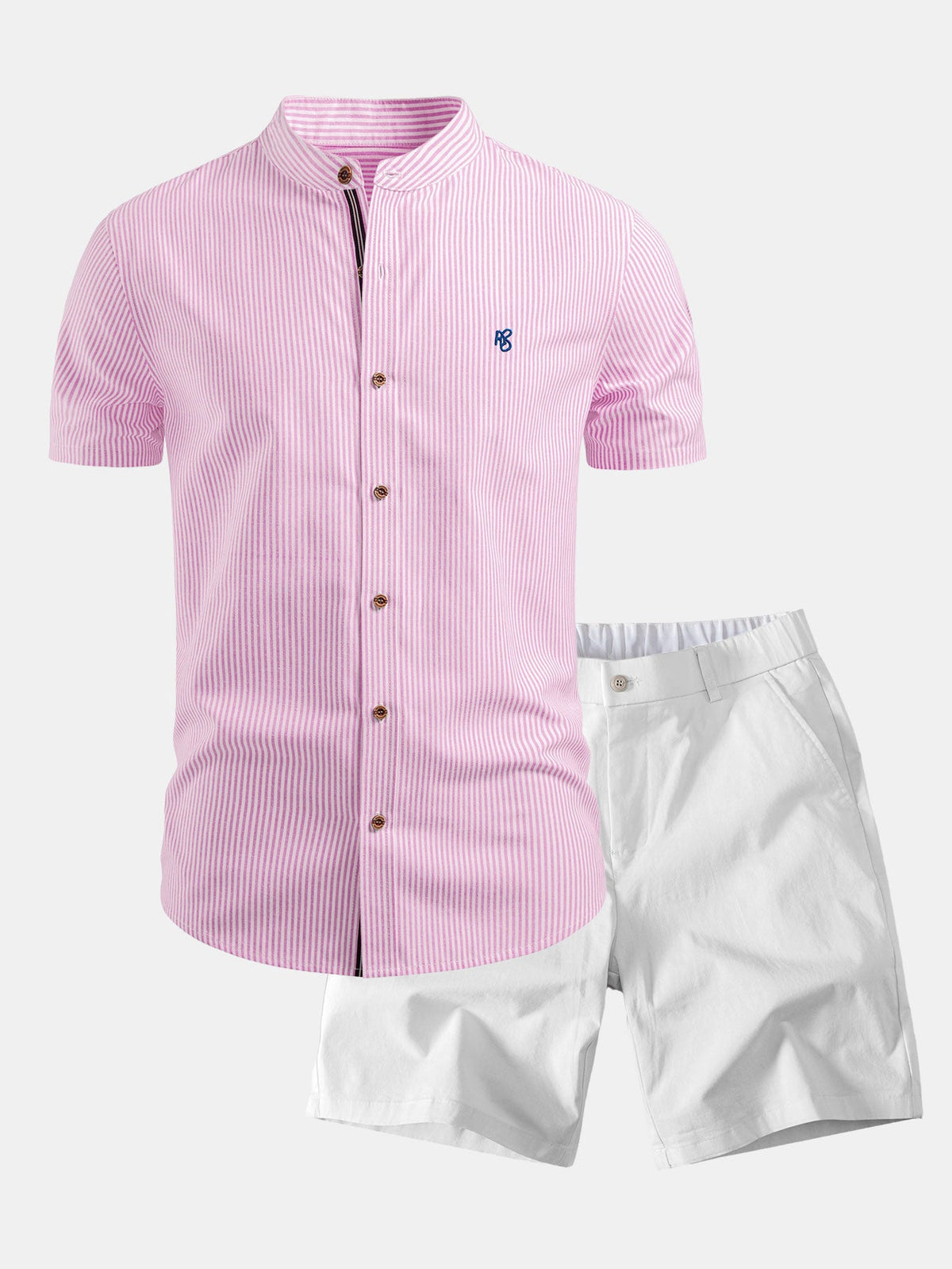 Kurzarm Baumwollhemd mit Streifen, Stehkragen und elastischer Taille – Chino Shorts
