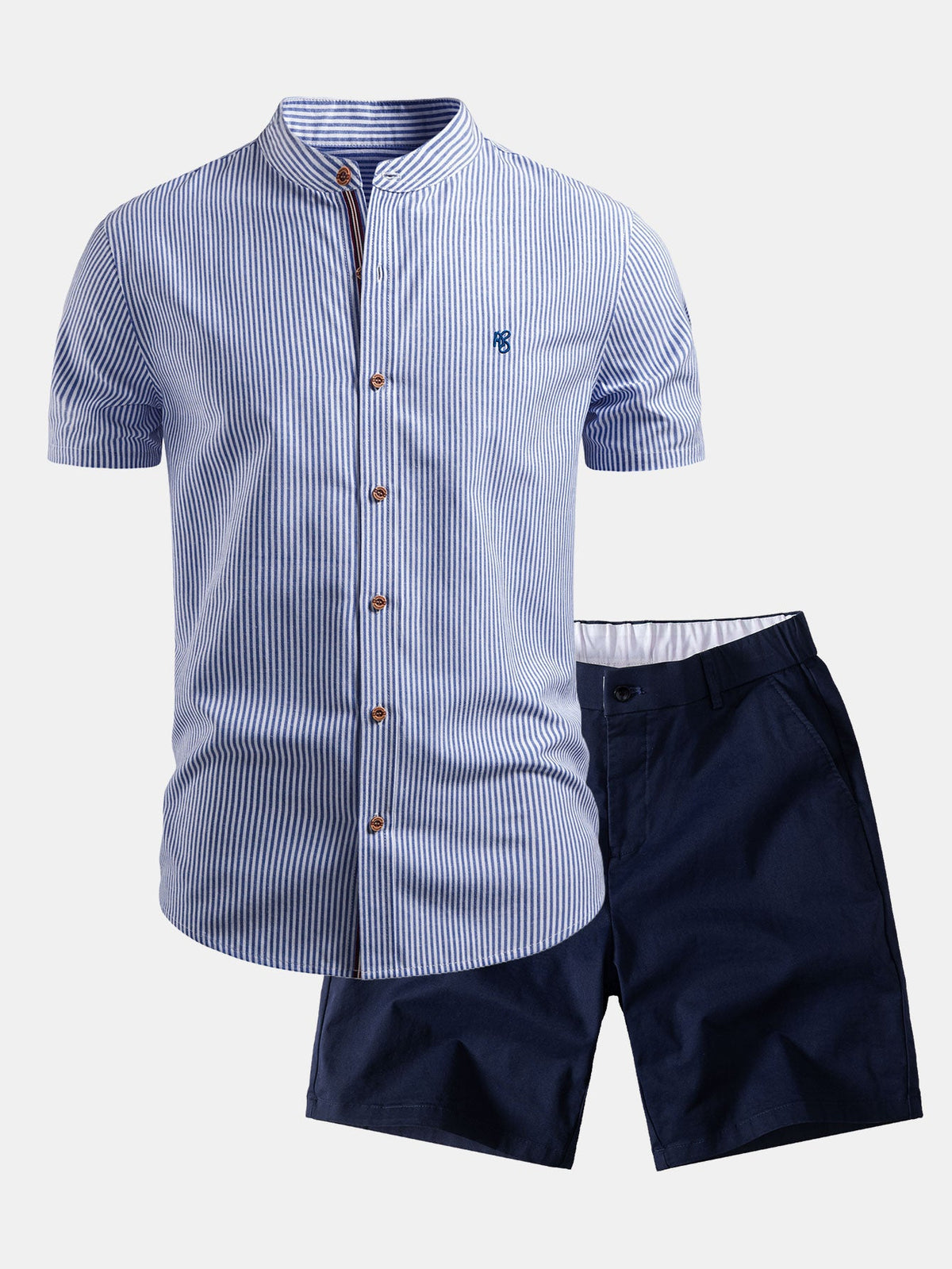 Kurzarm Baumwollhemd mit Streifen, Stehkragen und elastischer Taille – Chino Shorts