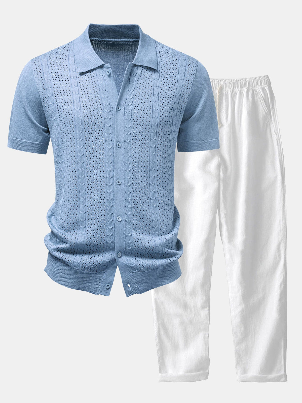 Jacquard-Design Strickhemd mit Knopfleiste & gerade Leinenhose