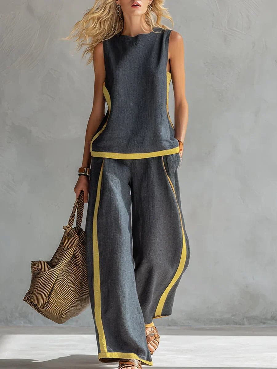 Ursula – Elegantes Chic-Casual Weste und Hosen-Set mit Zweifarbigen Akzenten