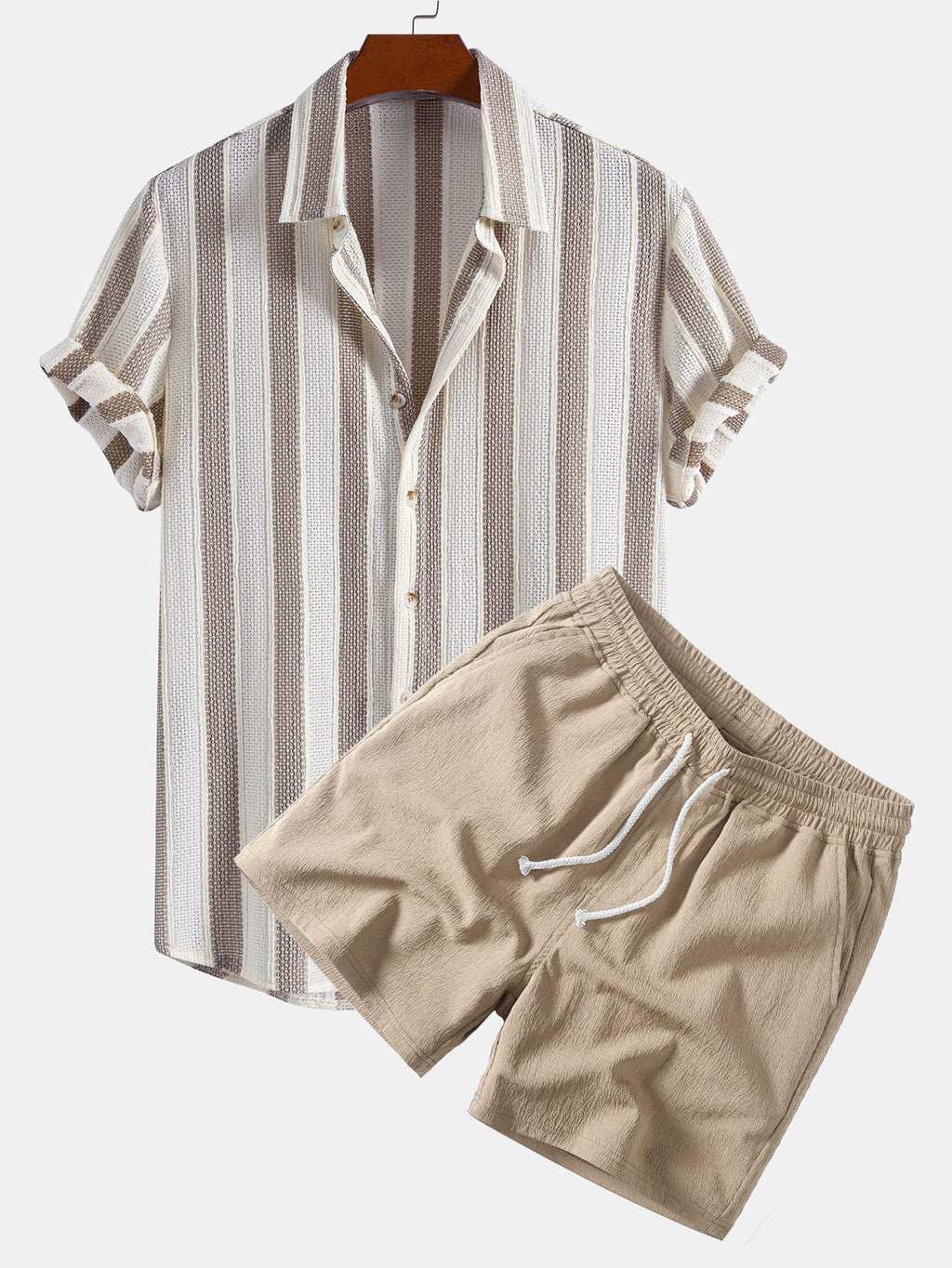 Gestreiftes Hemd mit Textur und Knöpfen sowie Kurzshorts mit Kordelzug – 5"