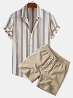 Gestreiftes Hemd mit Textur und Knöpfen sowie Kurzshorts mit Kordelzug – 5"