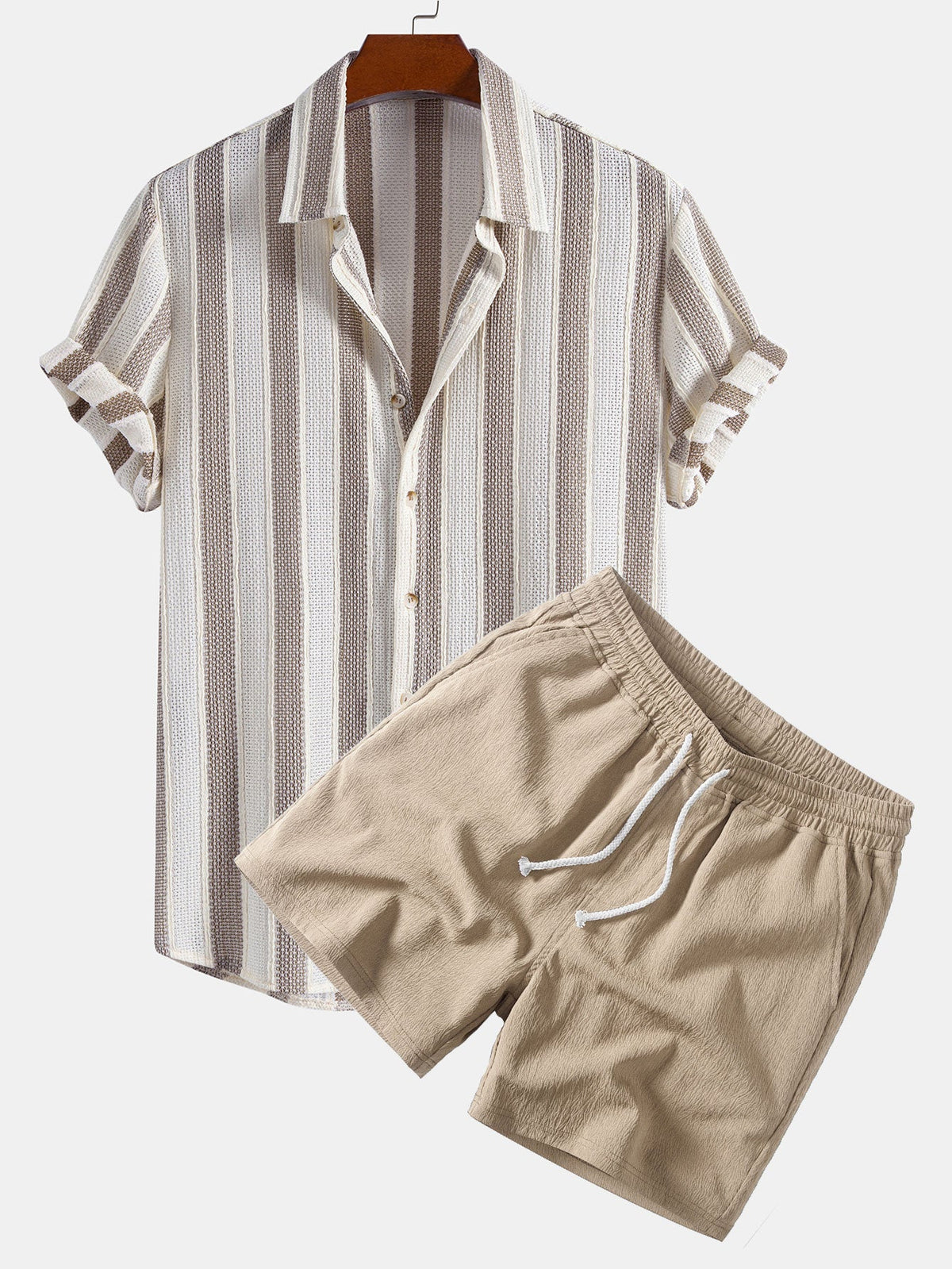 Gestreiftes Hemd mit Textur und Knöpfen sowie Kurzshorts mit Kordelzug – 5"