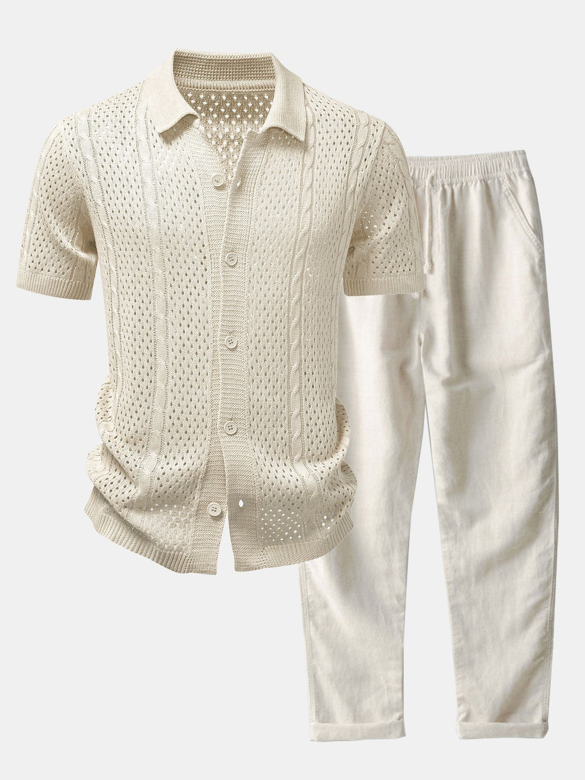 Offenes Strickhemd mit gerader Leinenhose