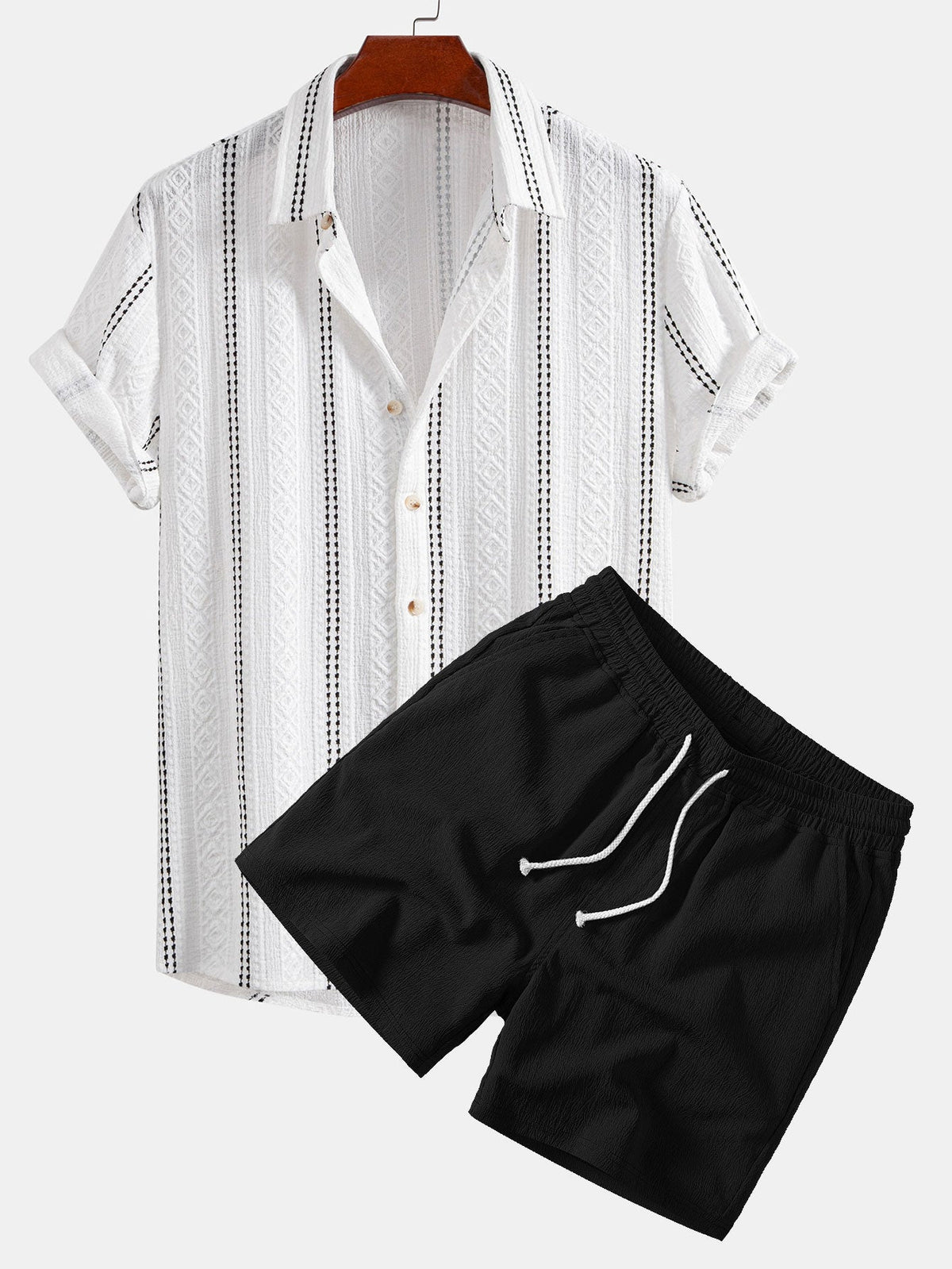 Geometrisches Jacquardhemd mit Knöpfen und Kurzshorts mit Kordelzug und gekreuzter Textur, 5"