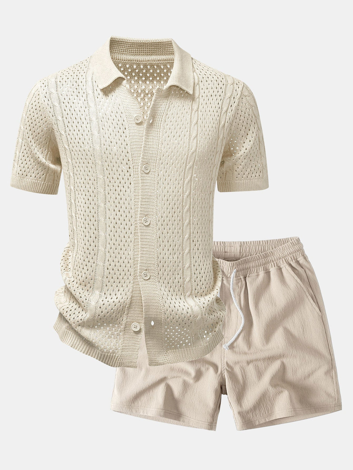 Offenes Strickshirt & Kurze Hose mit Kräuselstruktur und 5-Zoll-Kordelzug