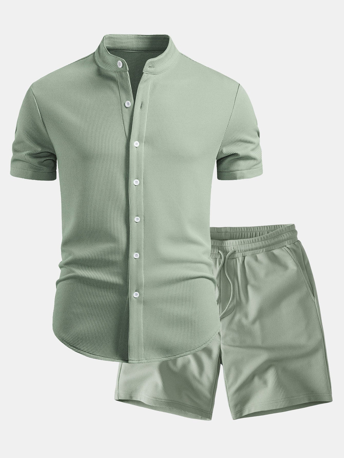 Muscle Fit Waffle-Shirt mit Stehkragen und 7-Zoll-Shorts mit Kordelzug Set