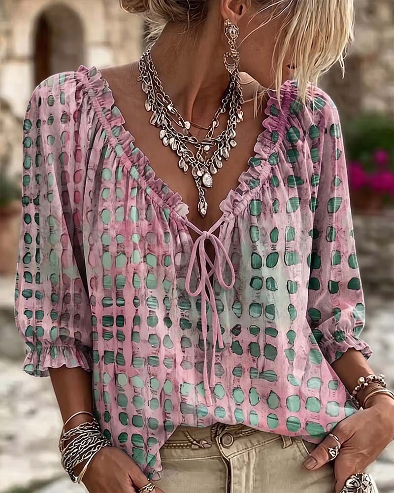 Lena | Blouse with Polka Dot Pattern and Lace-Up Detail
