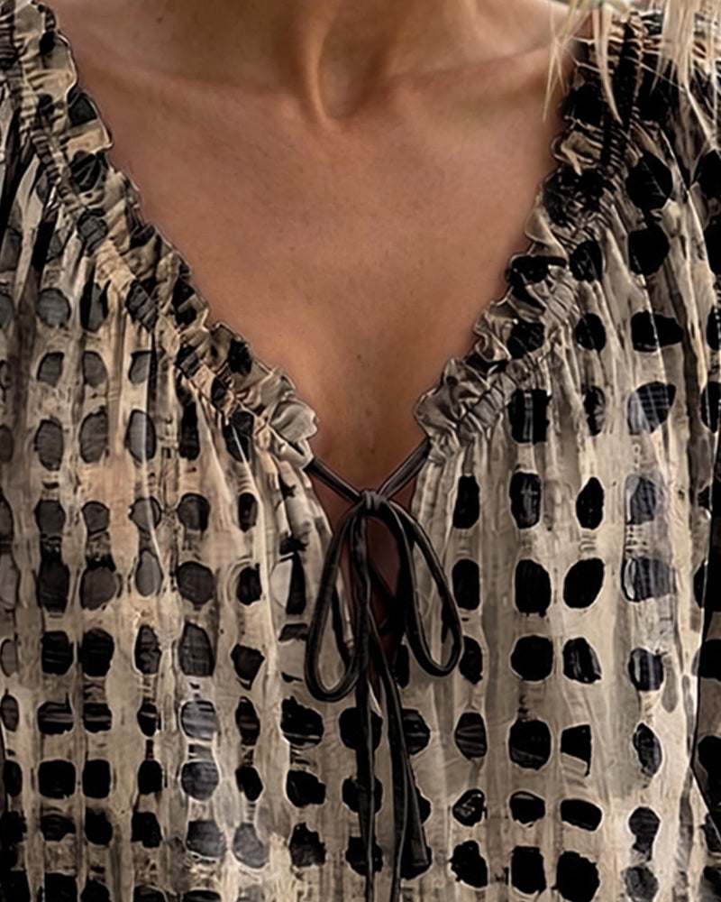 Lena | Blouse with Polka Dot Pattern and Lace-Up Detail