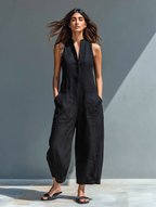Larson - Ärmellose minimalistische Damen-Latzhose aus Mischleinen mit hohem Kragen und Knöpfen