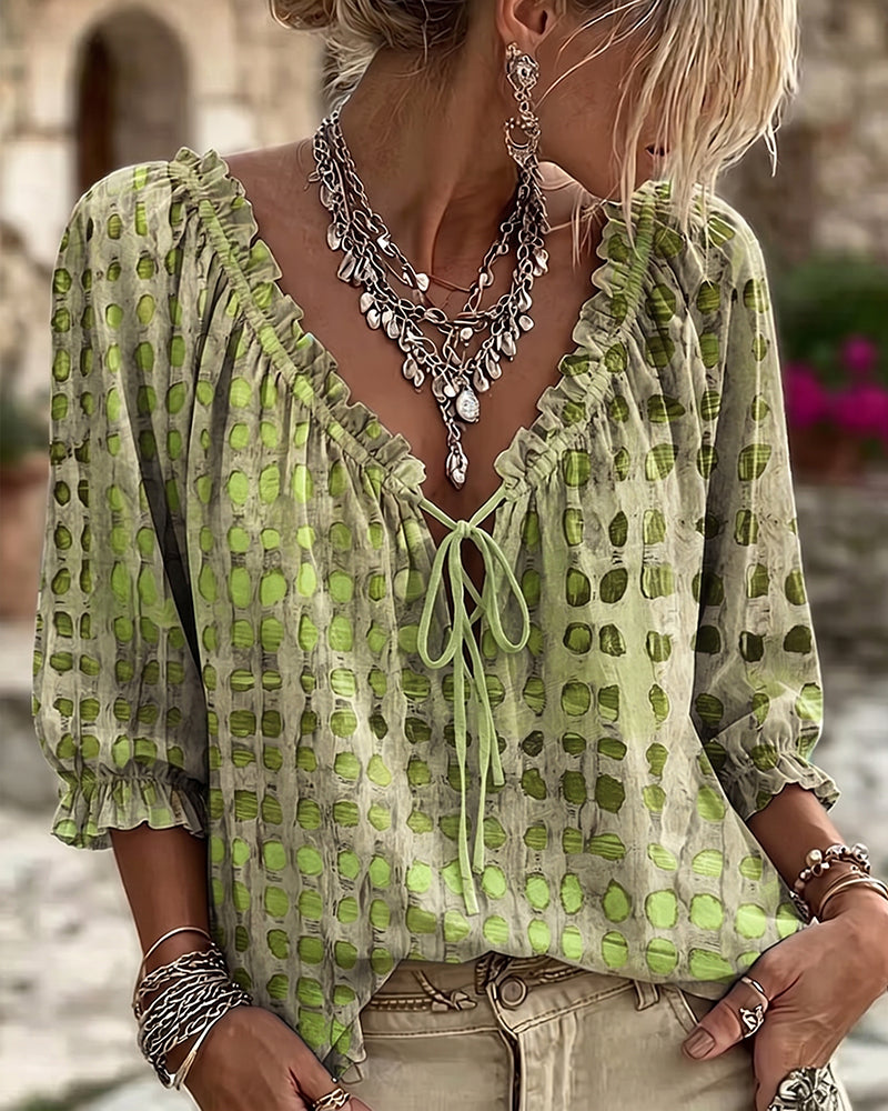 Lena | Blouse with Polka Dot Pattern and Lace-Up Detail