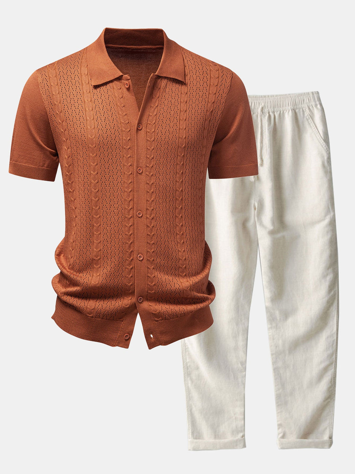 Jacquard-Design Strickhemd mit Knopfleiste & gerade Leinenhose