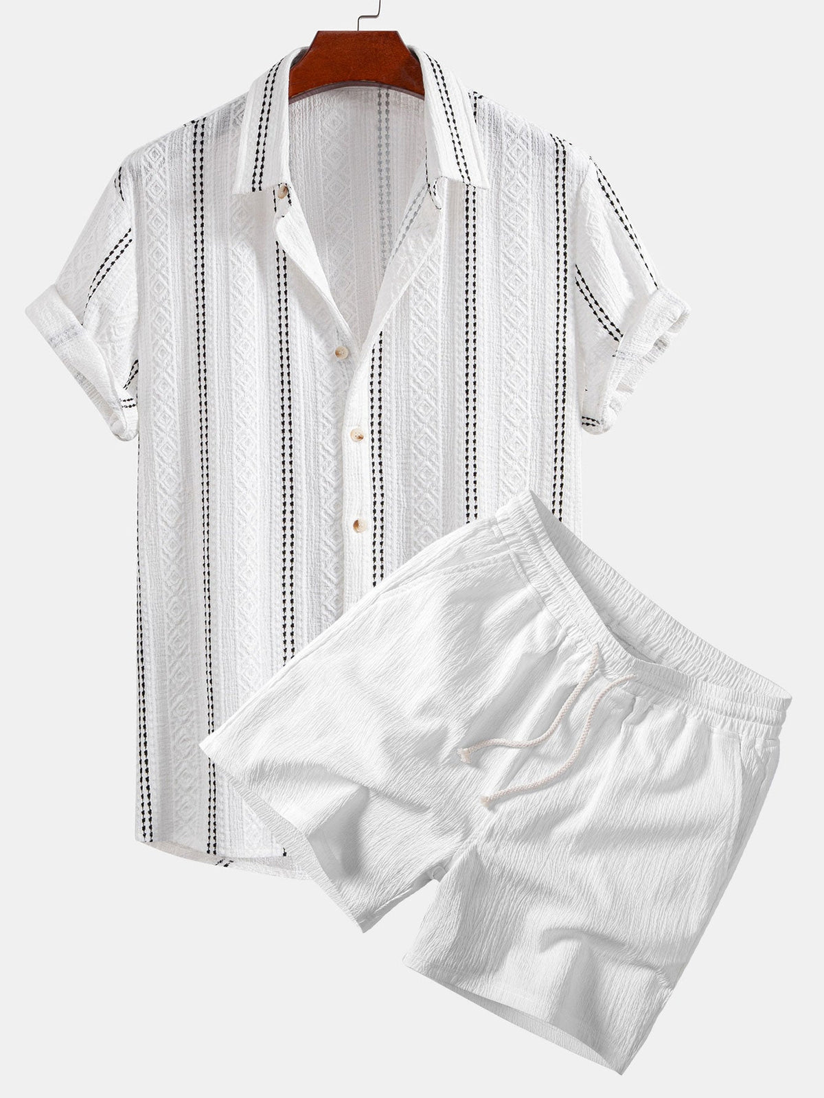 Geometrisches Jacquardhemd mit Knöpfen und Kurzshorts mit Kordelzug und gekreuzter Textur, 5"