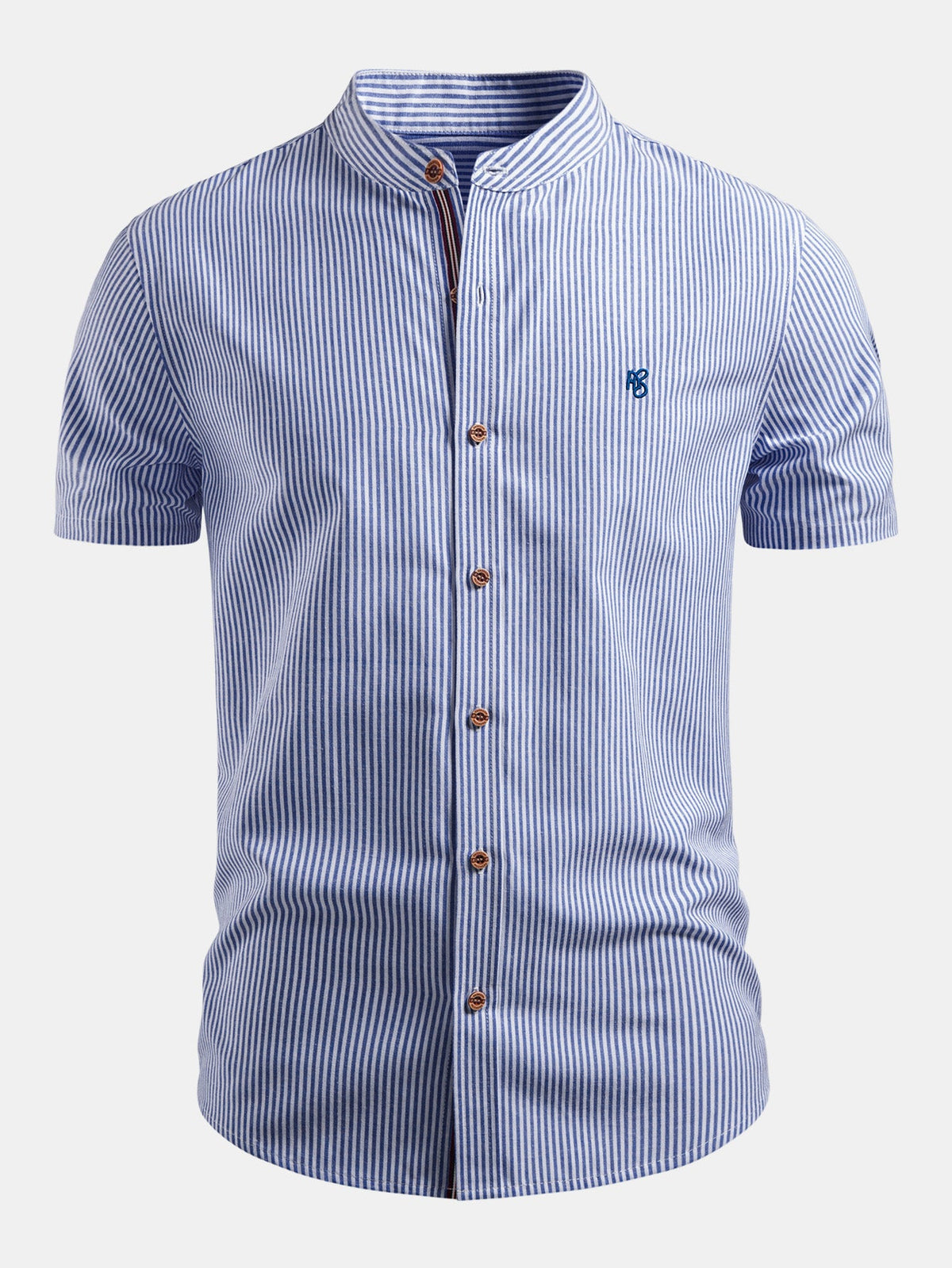 Kurzarm Baumwollhemd mit Streifen, Stehkragen und elastischer Taille – Chino Shorts