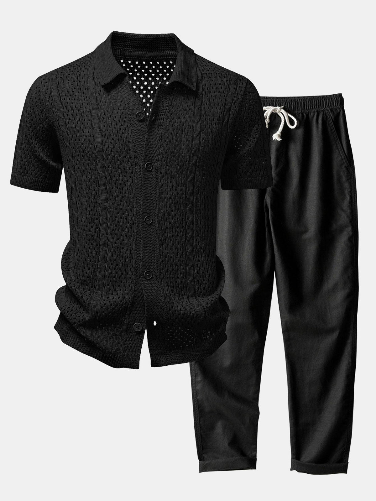 Offenes Strickhemd mit gerader Leinenhose