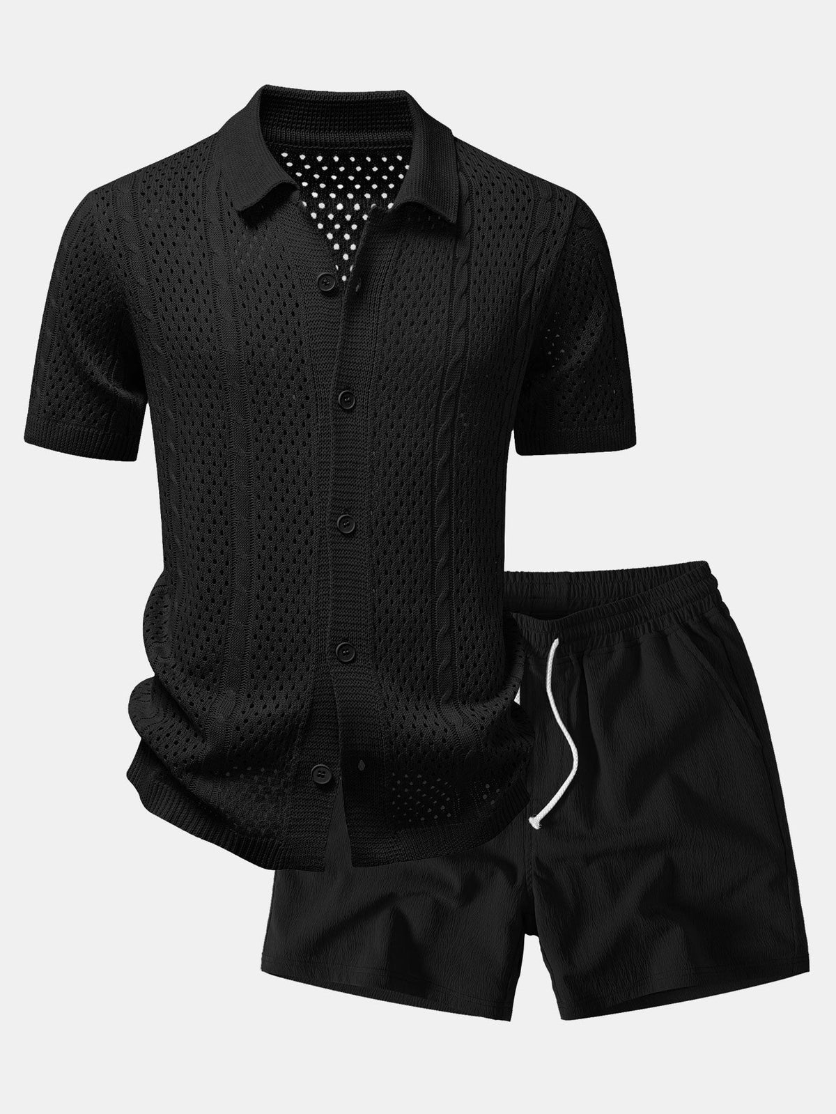 Offenes Strickshirt & Kurze Hose mit Kräuselstruktur und 5-Zoll-Kordelzug