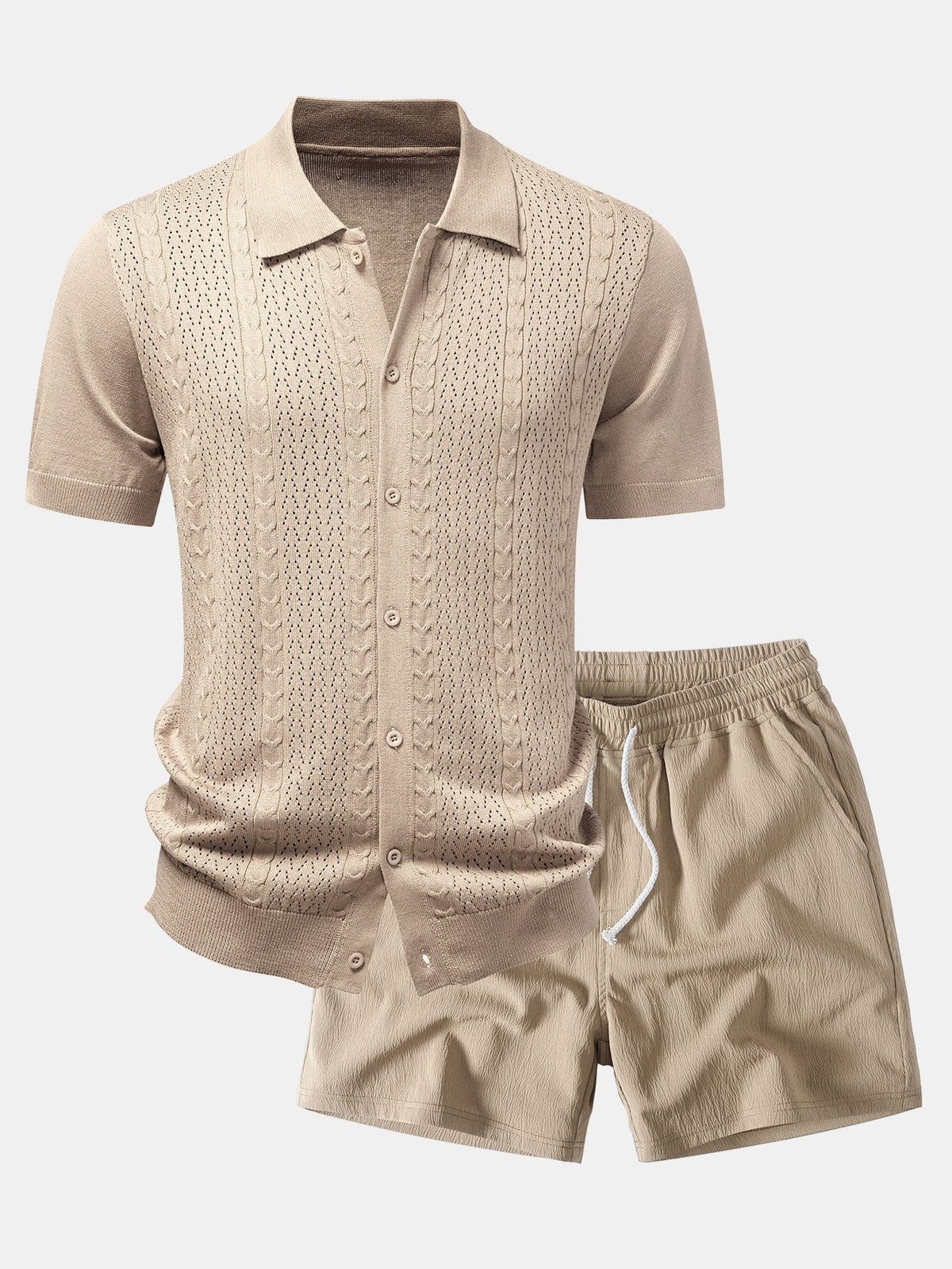 Gestreifte Jacquard-Strickjacke mit Knöpfen und kurze Hosen mit Rüschendetails und 5-Zoll-Kordelzug