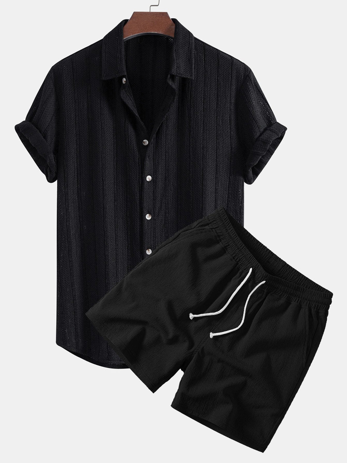 Gestreiftes Hemd mit Textur und Knöpfen sowie Kurzshorts mit Kordelzug – 5"