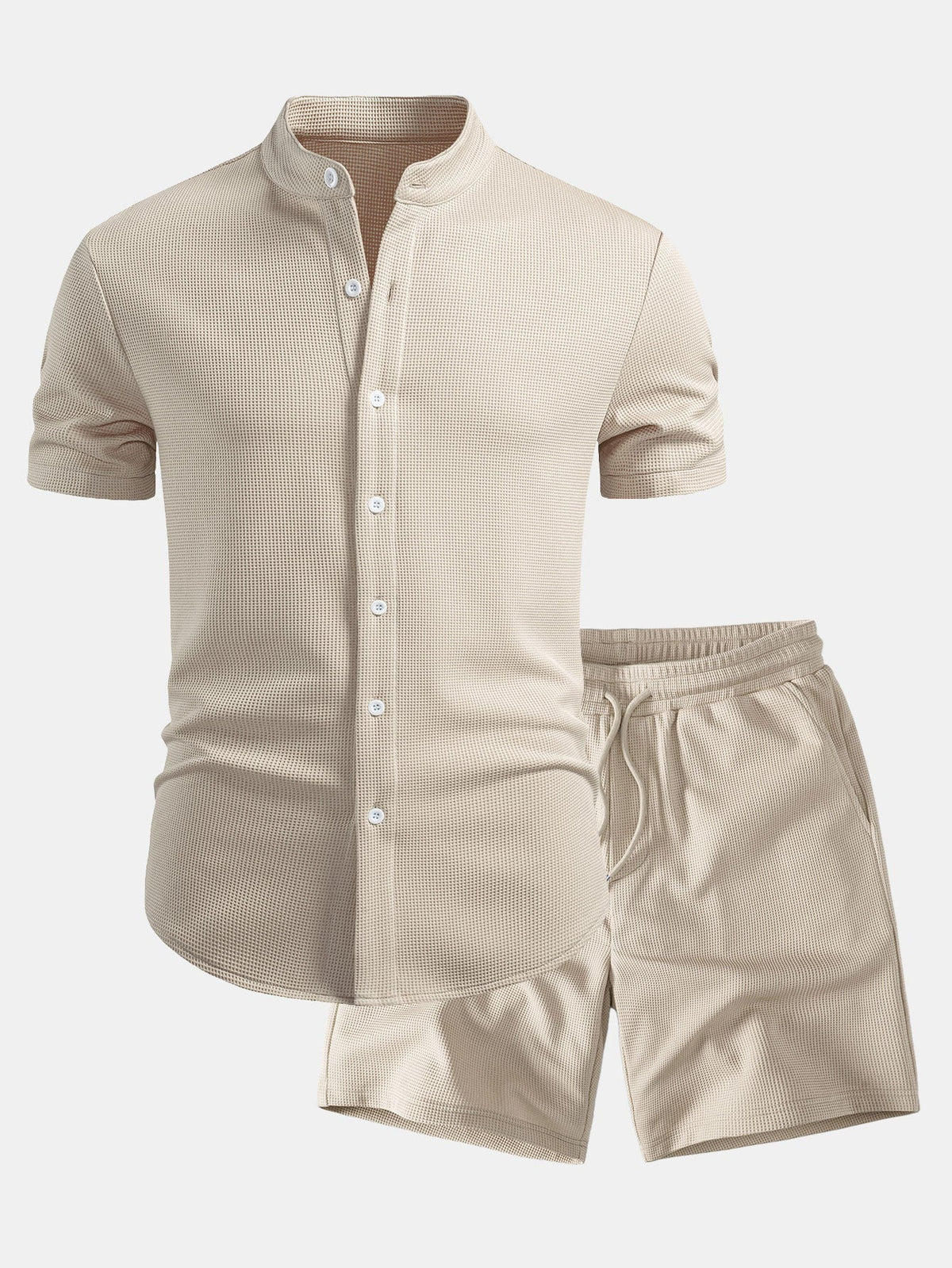 Muscle Fit Waffle-Shirt mit Stehkragen und 7-Zoll-Shorts mit Kordelzug Set